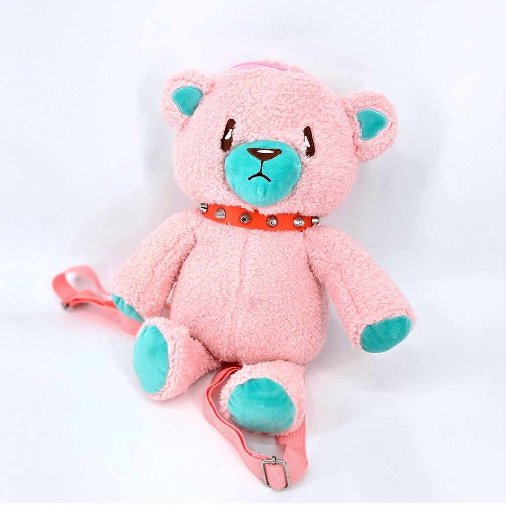 A-Lab Spike Bear Backpack Pink Teal Plush Studded Collar Novelty Daypack NWT